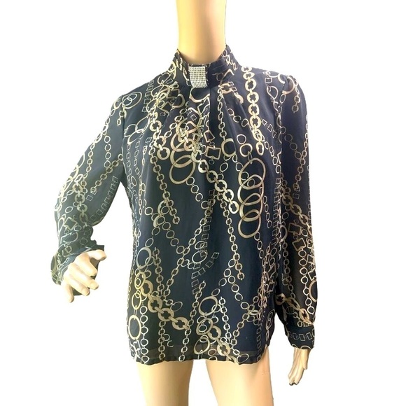 Guess Black Chain Pattern High-Neck Embellished Collar Blouse Size Large - Picture 1 of 15